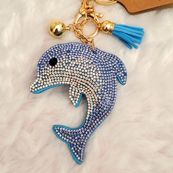 DOLPHIN blue and clear rhinestones goldtone tassel key chain id luggage tag car - Picture 2 of 6